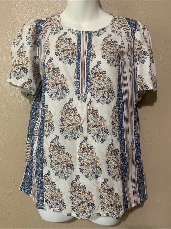 Lucky Brand Tops - Lucky Brand White Floral Stripe Short-Sleeve Blouse
